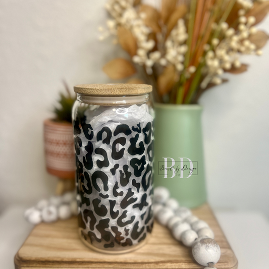 Black Leopard Print Glass Cup- RTS