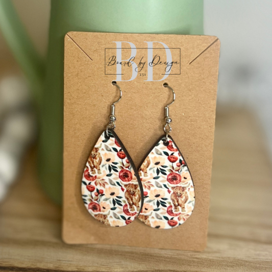 Floral Highland Cow Teardrop Earrings