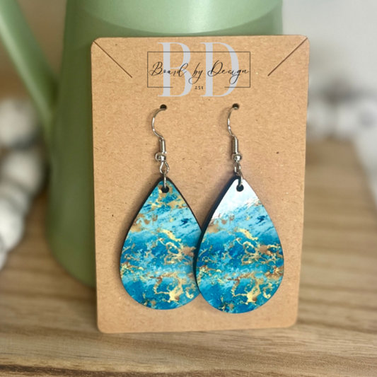 Teal and Gold Watercolor Teardrop Earrings